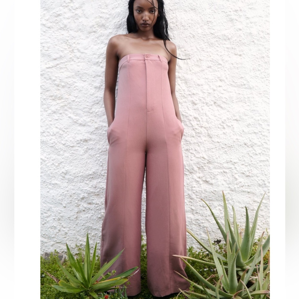 NWT Zara strapless linen blend jumpsuit pale pink